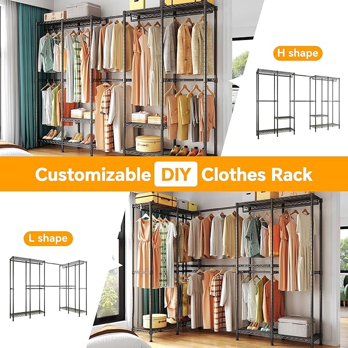 Higeego H5 Pro Heavy Duty Garment Rack, Freestanding Clothes Rack, Wardrobe Closet for Hanging Clothes, Portable Closet Organizer with Expandable Hanger Rods, (97.7-115.4")L x 15.7"W x 75.4"H, Black