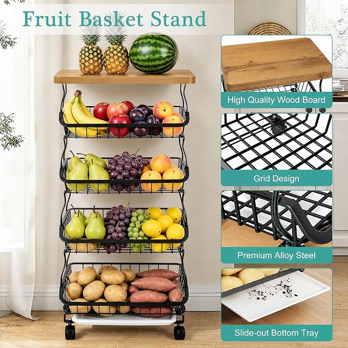VECELO 5-Tier Fruit Basket with Wheels, Fruit and Vegetable Storage Cart for Kithchen, Stackable Produce Organizer Wire Baskets for Kitchen, Pantry, Living Room