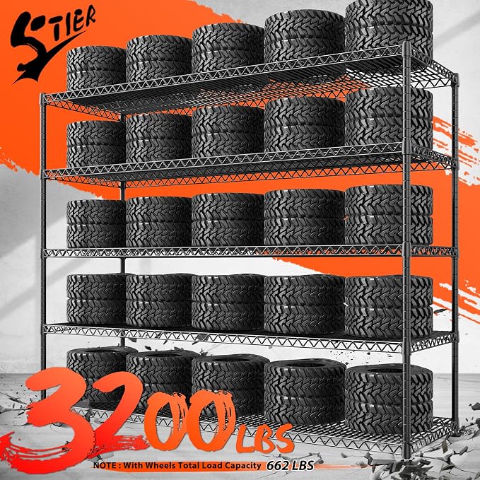 REIBII 3200LBS Storage Shelves Wire Shelving with Wheels,Adjustable Garage Shelving Heavy Duty Steel Metal Shelving Unit Shelf Rack for Warehouses,Garage,Kitchen,School,Commercial,73" H X 60”W X 18" D
