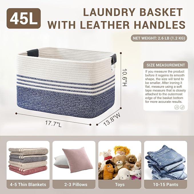 45L Woven Laundry Basket Hamper with Leather Handles,Denim Blue | 18"x14"x11", collapsible wicker hamper, storage for dirty clothes, toys, blankets, gifts, living room, bedroom, bathroom