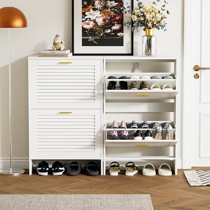 Narrow Shoe Cabinet Storage for Entryway, White | Freestanding Shoe Organizer with 2 Flip Drawers, Louvered Doors, Anti-tip Device, Modern Show Rack