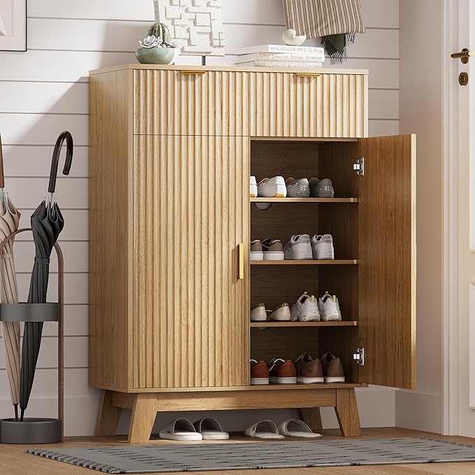 HUANLEGO Shoe Cabinet Storage for Entryway, 4 Tier Fluted Shoe Storage Cabinet with 2 Drawers, Narrow Hidden Shoe Organizer with Adjustable Shelves, Freestanding Shoe Rack for Entryway, Hallway, Oak