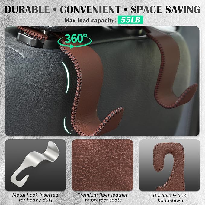 Amooca Car Seat Headrest Hook Universal Vehicle Storage Hanger Leather with Metal Car Seat Back Organizer for Handbag Purse Coat Brown 4 Pack