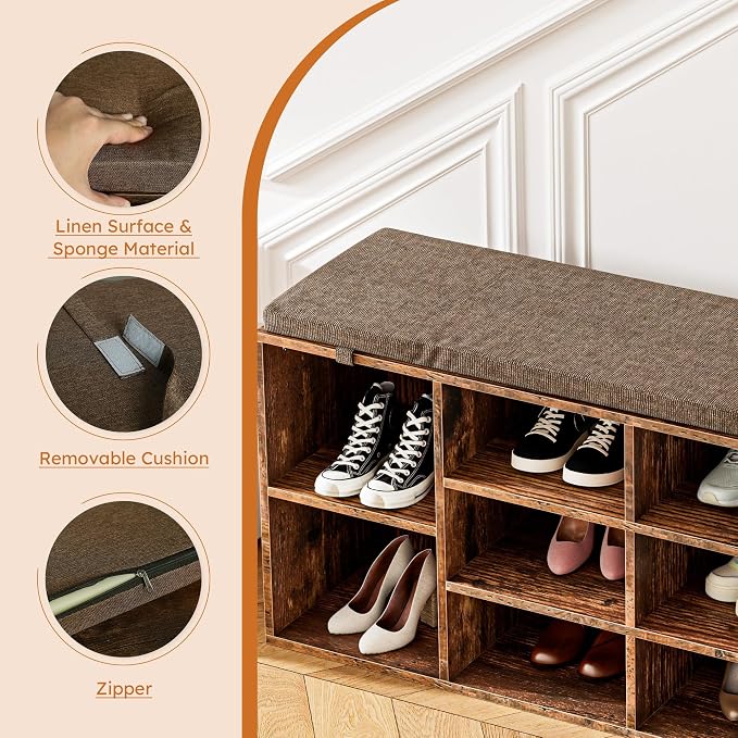 41" Shoe Storage Bench with Cushion, Entryway Shoe Rack with 10 Cubbies, Multifunctional Shoe Organizer Bench for Hallway, Bedroom, Living Room, Brown