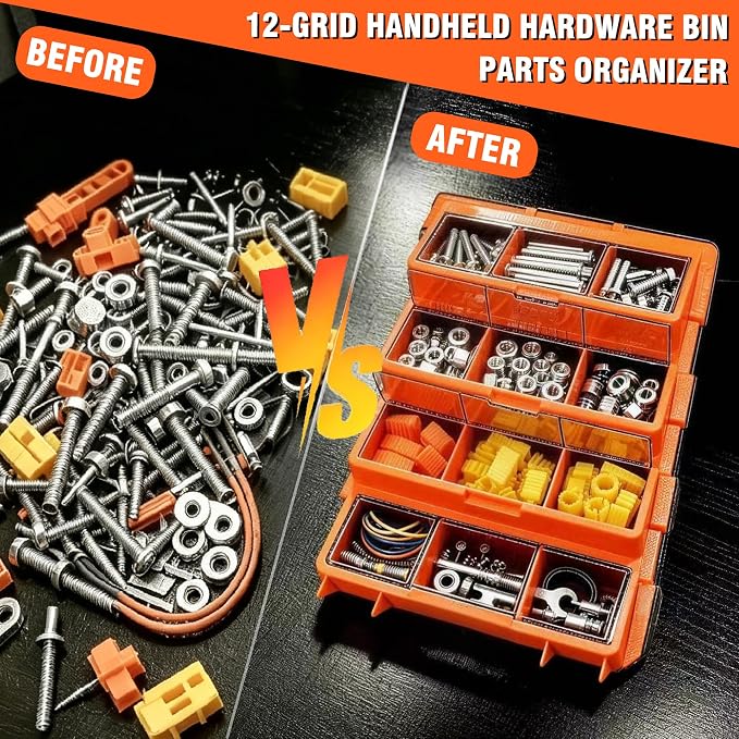 ULIBERMAGNET Tool Box Organizer,12-Compartment Portable Small Parts Organizer for Screws, Bolts,Nails,Washers, Wall-Mounted Hardware Storage Boxes for Garage, Truck, Workshop (Orange)