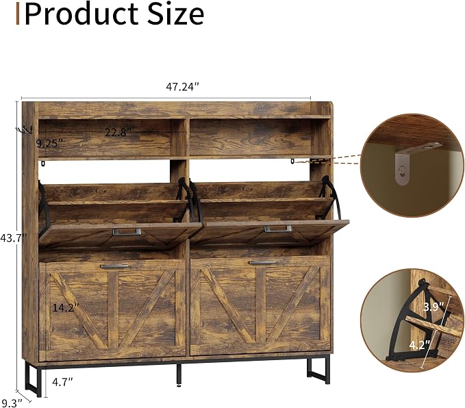 Shoe Cabinet with 4 Flip Drawers, Freestanding Hidden Shoe Storage Organizer for Entryway, Narrow Slim Shoe Rack Cabinet with Open Storage & Hooks for Front Door Entrance, Living Room, Hallway, Brown