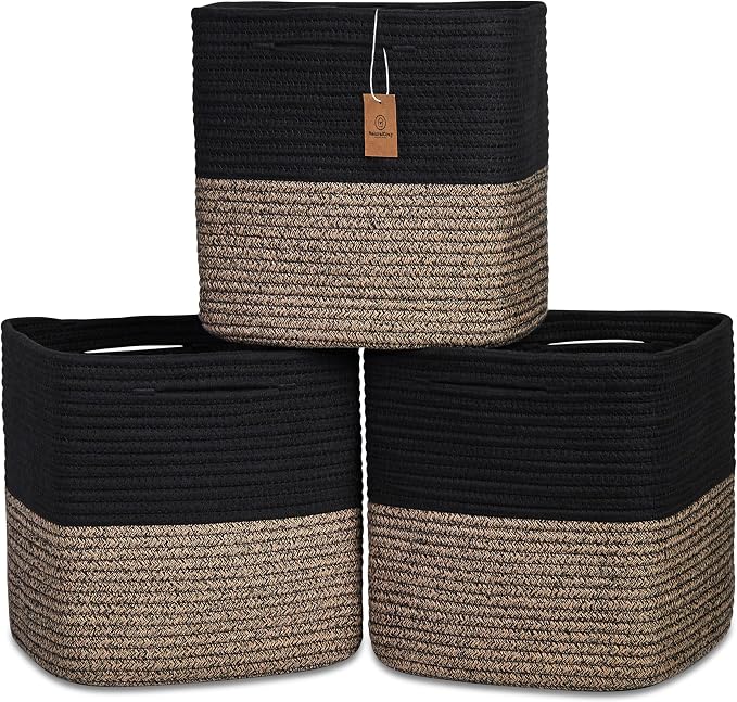 NaturalCozy 13 Inch Cube Storage Bins Cotton Rope Woven Baskets for Organizing 3-Pack | 13 x 13 Storage Cubes | Fabric Square Storage Baskets for Shelves Organizer, Kids Toy Bins, Closet Baby Nursery