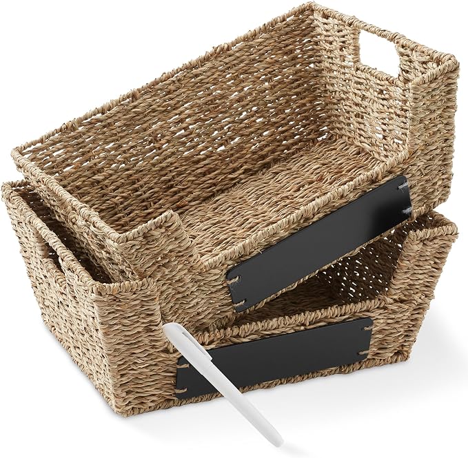 Casafield Set of 2 Seagrass Pantry Baskets with Handles, Chalkboard Labels and Marker - Natural, Wide Woven Storage Bin Organizers for Kitchen Shelves