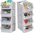 TidyFriend Stackable Storage Bins for Pantry - 8 Pack Stackable Bins for Organizing Food, Kitchen, and Bathroom Essentials (Light Grey)