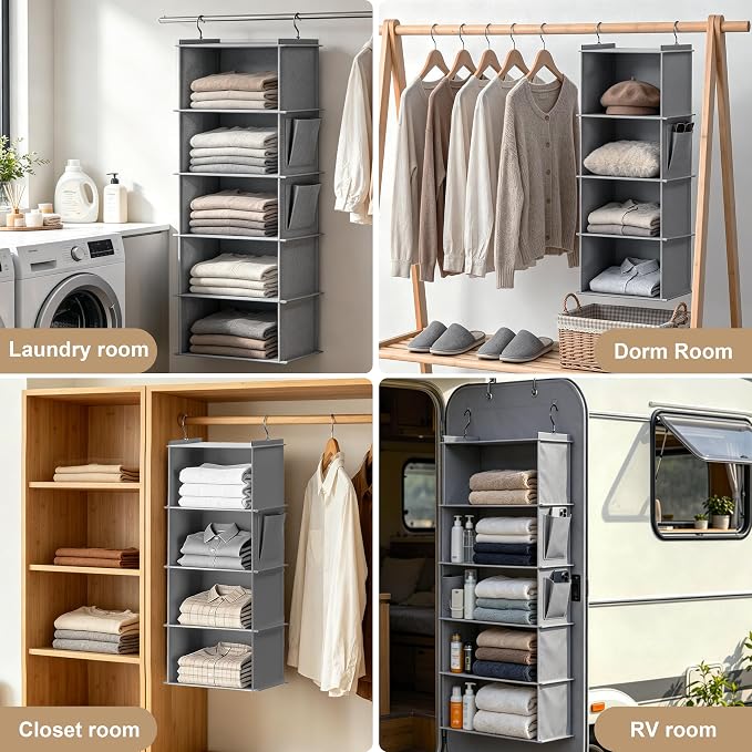 Foldable Hanging Closet Organizer, 4-Shelf Hanging Shelves with Side Pockets, Space Saving Storage for Clothes and Accessories