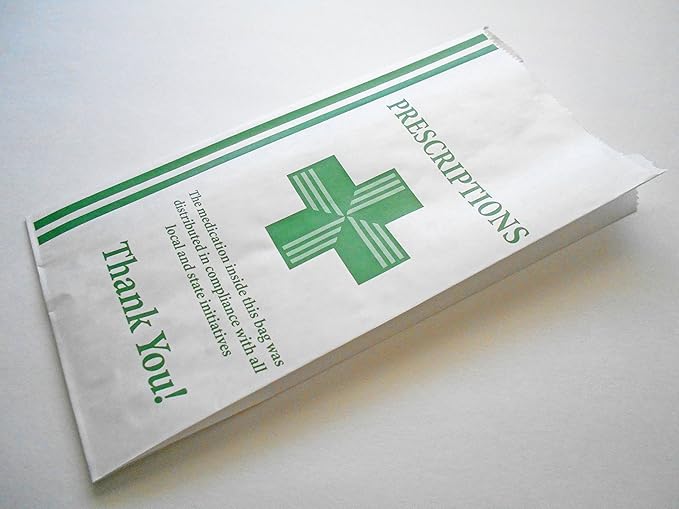 Green Health Cross - Dispensary Prescription Bags (10x5x2) Gusseted Paper Pharmacy Bag, Medication Packaging for Drug Stores, Designed with Collectives in Mind - With Compliance Statement (100)