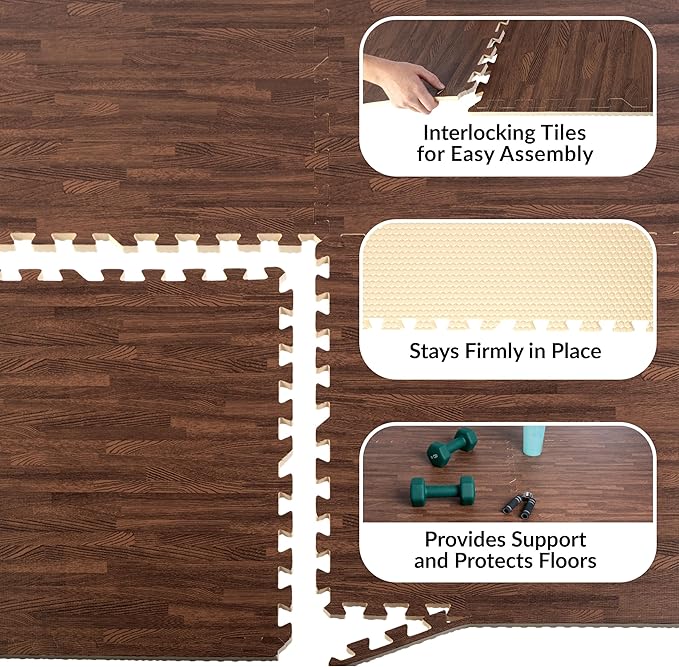 Foam Floor Tiles - 96sqft Wood Grain Interlocking Foam Tiles with Border - Foam Play Mat Playroom or Gym Flooring for Home Gym by Stalwart (Dark)