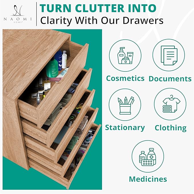 Naomi Home 5 Drawer Office Storage File Cabinet, Under Desk Cabinets for Organization Filing Cabinet with Wheels, Printer Stand Storage, 180 lbs Capacity - Natural (11398AM)