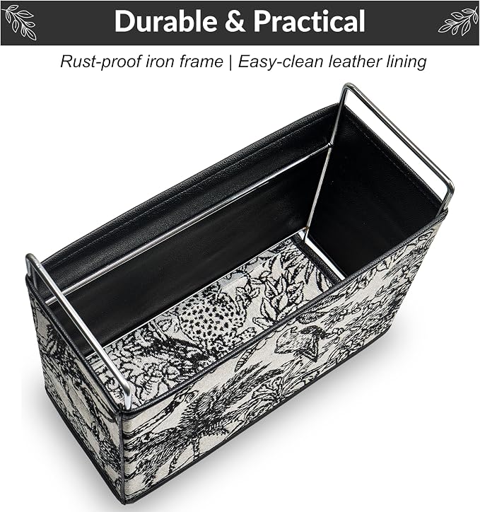 Leather Magazine Holder Rack Floor Basket for Bathroom & Living Room | No-assembly sturdy organizer in textured tapestry jacquard & leather. Randomly cut jungle pattern (no two are alike).