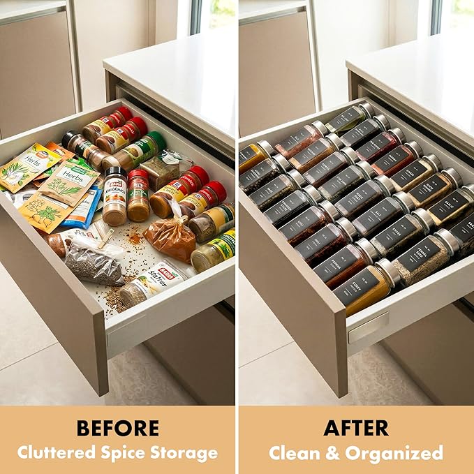 EDELHAUS Glass Spice Jars with Label, 24x Stainless Steel Lids | Airtight Lids keep spices fresh, Kitchen Spice Drawer Organizer, 4oz Seasoning Containers incl. Funnel, Brush & 240 Labels