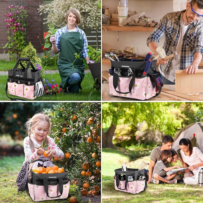 WORKPRO Garden Tool Bag, 10 Pockets and Shoulder Strap, Floral Pink | Heavy Duty Gardening Organizer Tote Bag Standable Garden Home Tool Kits Organizer - Pink Ribbon