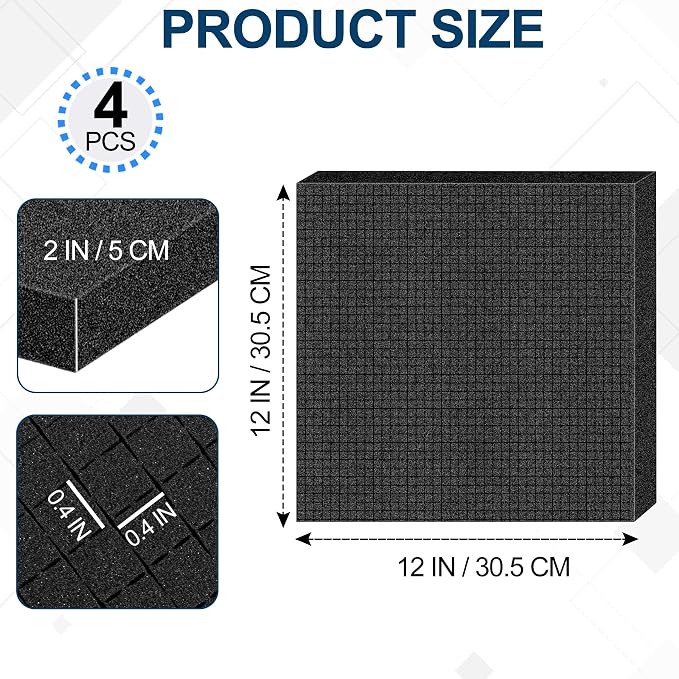 4 Pcs Pick and Pluck Foam Sheets 12" L x 12" W x 2" T Polyurethane Pick Apart Foam Inserts Pads with Bottom Use for Camera, Interlocking Case, Tool Box, Board Box, Storage Drawer, Black
