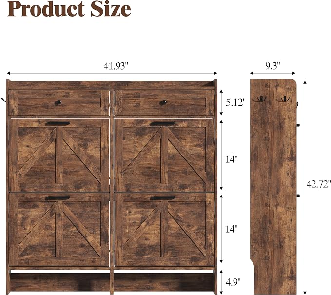 Thacuok Shoe Cabinet with 4 Flip Drawers & 2 Storage Drawers, Rustic Farmhouse Narrow Shoe Organizer Cabinet, Slim Shoe Rack Cabinet, Shoe Storage Cabinet for Entryway, Hallway, Front Door
