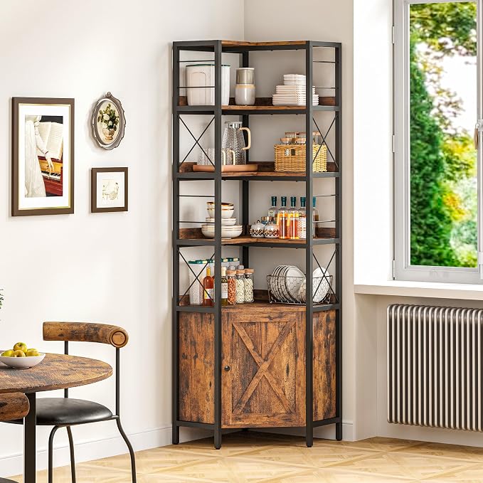 IRONCK 78 in Bookcase with Doors, Industrial Corner Bookshelf with Storage | Tall Bookcases with Baffles. L Shaped Bookshelves with 90° Corner Design. 6-Tier Corner Display Shelf for Home Office.