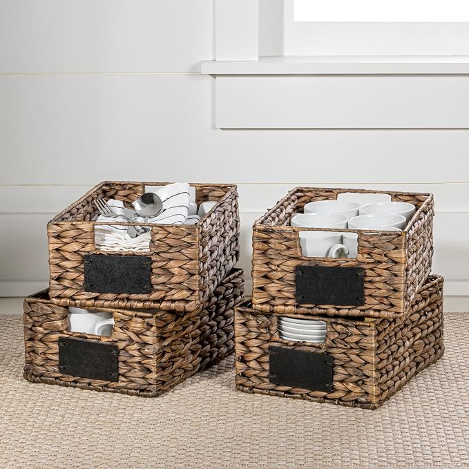 happimess Lane Hyacinth Wicker Pantry Baskets 9"x12"x5", Brown, Set of 4 | Handwoven Decorative Seagrass Containers, Chalkboard Labels, Built-In Handles, Classic Farmhouse Style, Iron Metal Frame