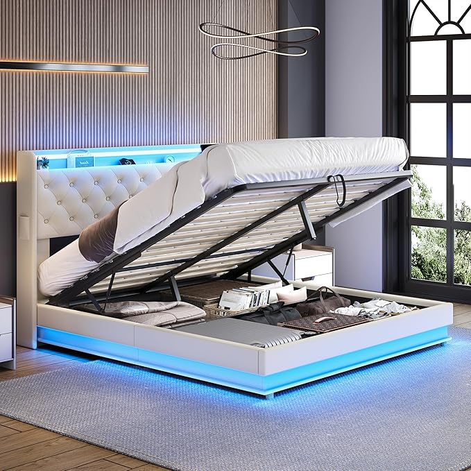 Ailisite Full Size Lift Up Storage Bed, Upholstered Platform Bed with Button Tufted Wingback Storage Headboard, Bed Frame Full Size with Led Lights and Charging Station, No Box Spring Needed, Beige