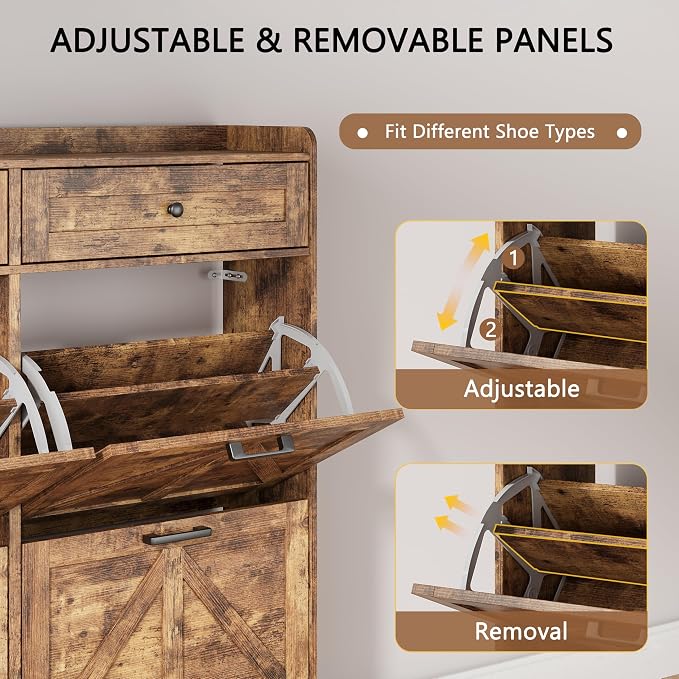 Shoe Cabinet with 4 Flip Drawers & 2 Top Drawers, 43" Tall Freestanding Narrow Wooden Shoe Storage Organizer for Entryway, Hidden Slim Shoe Rack for Front Door Entrance, Hallway, Living Room, Brown