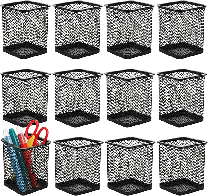 Nicunom 12 Pack Mesh Pen Holder for Desk, Wire Mesh Pencil Cup Holder Metal Pencil Holder Organizer for Office Home School Supplies, Black ﻿