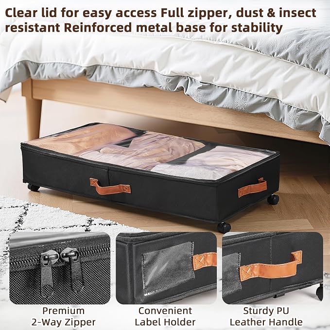 VECELO Under Bed Storage with Wheels, 2 Pack Fully Enclosed Zippered Dust Cover Bins with Clear Lids, Metal Frame and Ultra Thick Fabric Underbed Storage Organizer, Shoe Storage Box, Black