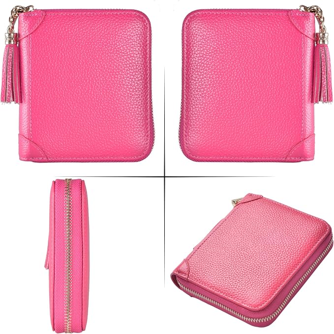 Easyoulife Womens Credit Card Holder Wallet Zip Leather Card Case RFID Blocking (Rose)