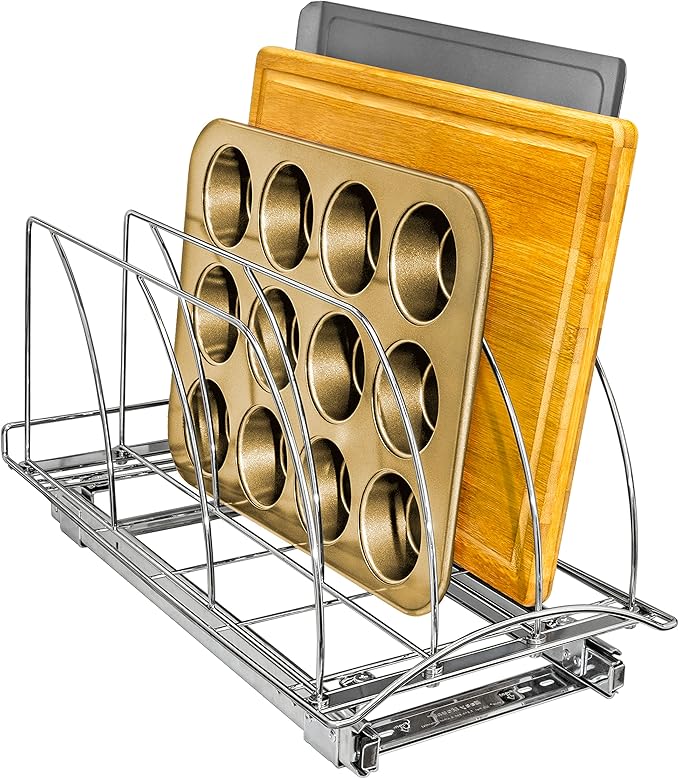 LYNK PROFESSIONAL® Pull Out Cookie Sheet Organizer for Cabinet – Baking Sheet Organizer – Sheet Pan Organizer - Lifetime Ltd. Warranty – 10” x 21” Deep Inside Cabinet, Chrome