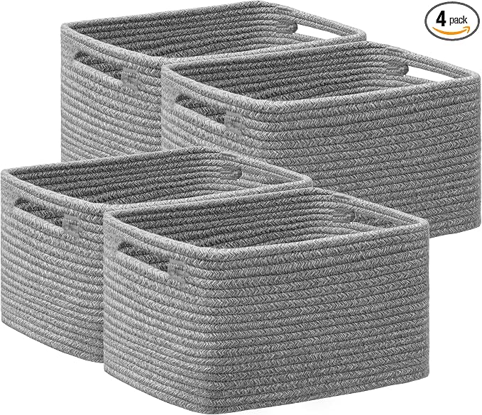 4 Pack Storage Baskets for Organizing, Woven Baskets for Shelves, Grey | 13"L x 9"W x 7.5"H, Woven Basket, Cotton Rope Basket, Toy Storage, Cube Shelf, Gift Baskets Empty, Home Decor