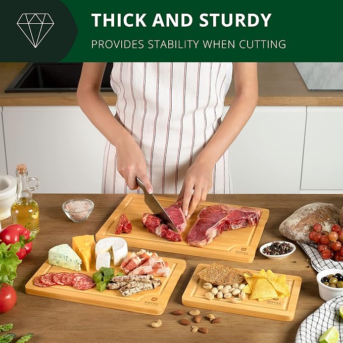 ROYAL CRAFT WOOD Bamboo Cutting Board Set with Juice Groove (3 Pieces) and Cutting Board Organizer