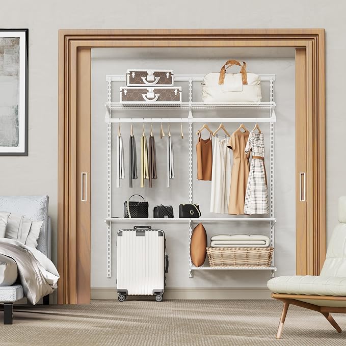 Closet System Wall Mounted 2 Ft, Heavy Duty Adjustable Wire Shelving with Hanging Rod, Custom Organizer Kit for Bedroom Laundry Mudroom, White