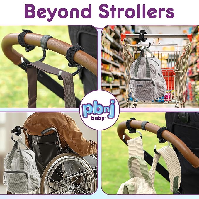 PBnJ Baby Foldable Stroller Hooks for Diaper Bags and Purses, 2 Pack | For Hanging Diaper Bags and Purses, Foldable Hooks, Stroller Accessories Organizer