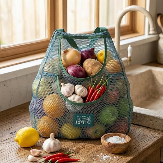 Durable Hanging Mesh Bags for Fruit & Vegetables. Reusable, Breathable Storage for Garlic, Potatoes & Pantry. Eco-Friendly Kitchen Organizer & Decor (1 extra large blue bag)