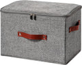 Storage Bin Box with Zippered Lid Cotton Linen Fabric Decorative Basket with PU Leather Handles PP Plastic Board Foldable Lidded Clothing Shelf Closet Organizer Container (Gray, Large)