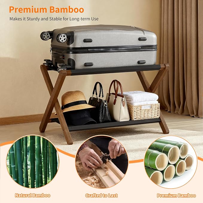 Heybly Luggage Rack, Pack of 2, Folding Suitcase Stand with Storage Shelf, Heavy-Duty Luggage Holder for Guest Room Bedroom Hotel, Holds up to 165 lb, Walnut, HLR010WB2