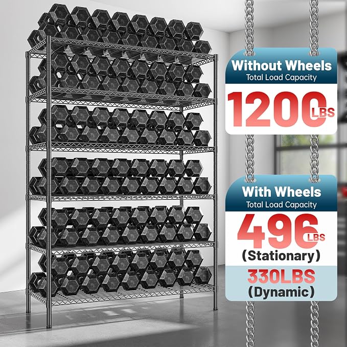 Romorgniz 82" H X45 W X18 D Storage Shelves with Wheels, 6 Tier Wire Shelving Adjustable Metal Shelving Pantry Shelves Capacity 1200LBS for Garage, Pantry, Kitchen, Closet,Black,3P