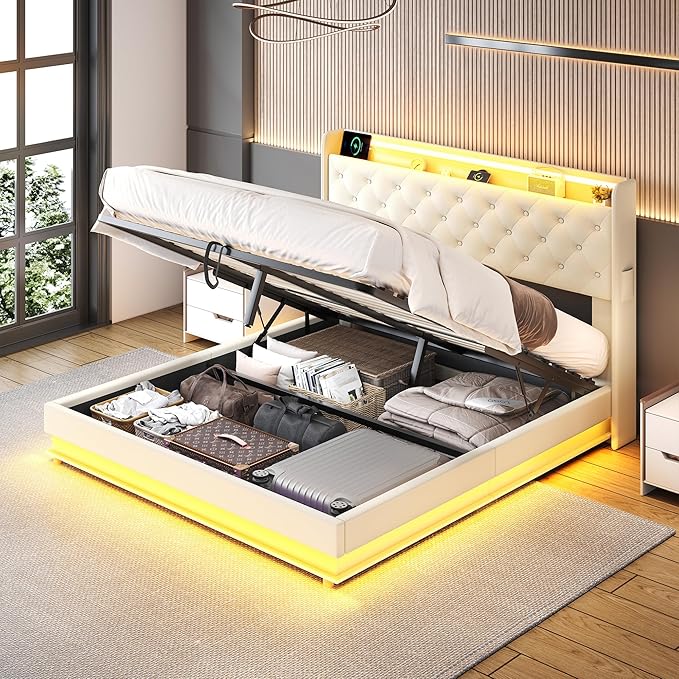 Ailisite Queen Size Lift Up Storage Bed, Upholstered Platform Bed with Button Tufted Wingback Storage Headboard, Bed Frame Queen Size with Led Lights and Charging Station, No Box Spring Needed, Beige | Lift up Storage, breathable material, with led lig...