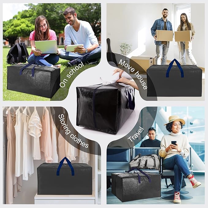 VELVETSURE Heavy Duty Extra Large Moving Bags W/Backpack Straps - Strong Handles & Zippers, Storage Totes For Space Saving, Fold Flat, Alternative to Moving Box and Storage Bin (Set of 6, Black)