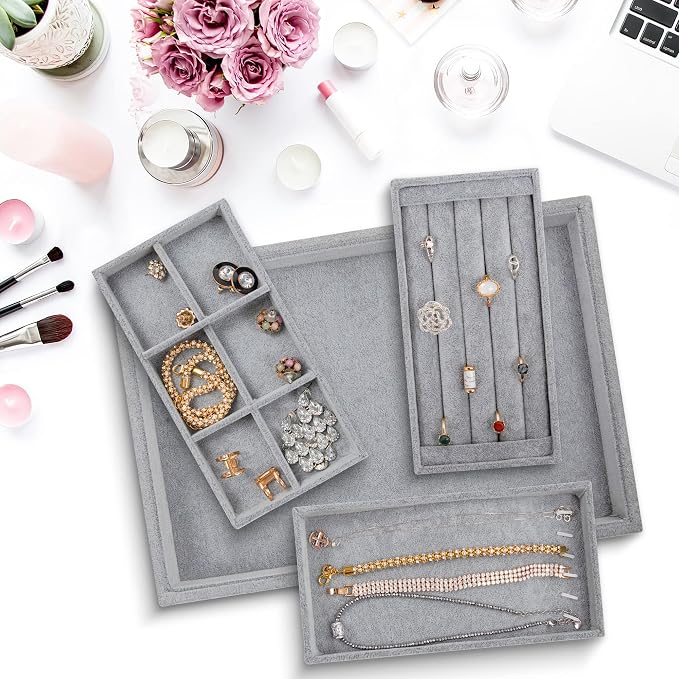 Jewelry Drawer Organizer, Jewelry Organizer For Drawer, Box Divider Inserts | Houseables Velvet Tray, Box Inserts, Flat Stackable Trays, Earring, Ring, Necklace, Bracelet, Display, Vanity Dresser, Safe