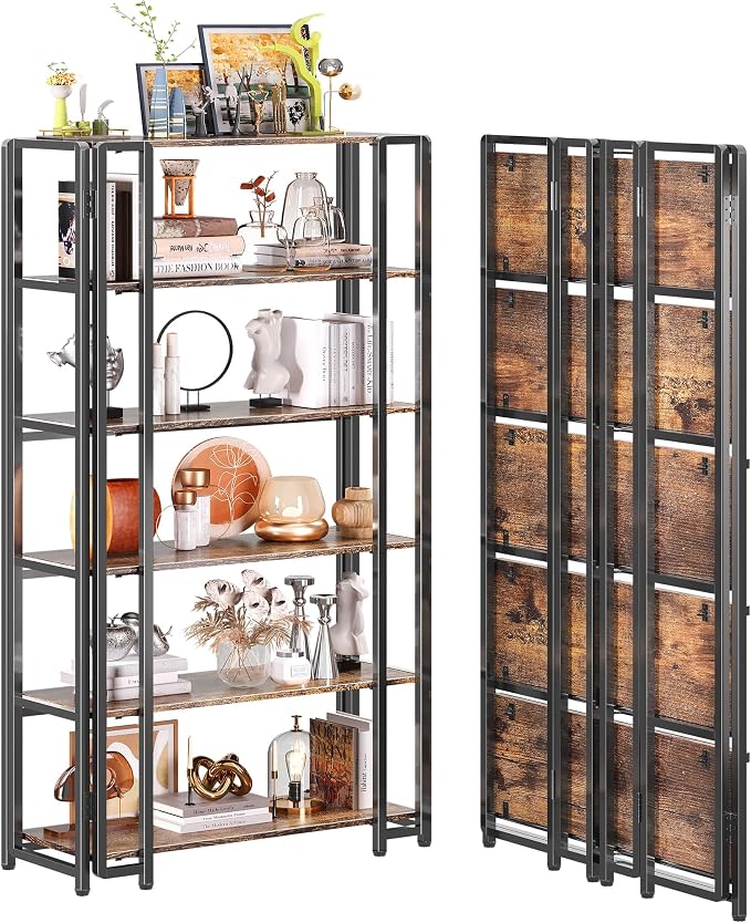UDD 6 Tier Wide Folding Bookshelf No Tools Assembly, 55.5" H x 30.9" W, Foldable Book Shelf Vintage Collapsible Bookcase, Industrial Storage Shelves for Bedroom Office Living Room, Rustic Brown Black
