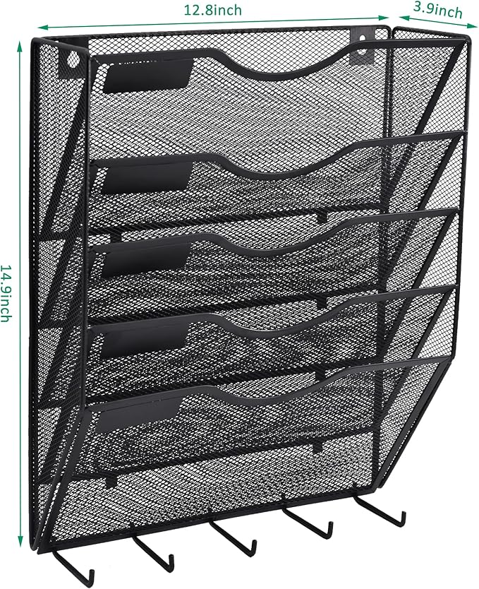 EASEPRES 5 Pocket Mesh Hanging File Organizer with Key Holder Hooks & Nametag Label, Wall Mounted Mail Paper Document Folder Storage Organization Magazine Rack for Office Cubicle, 5 Tier Black