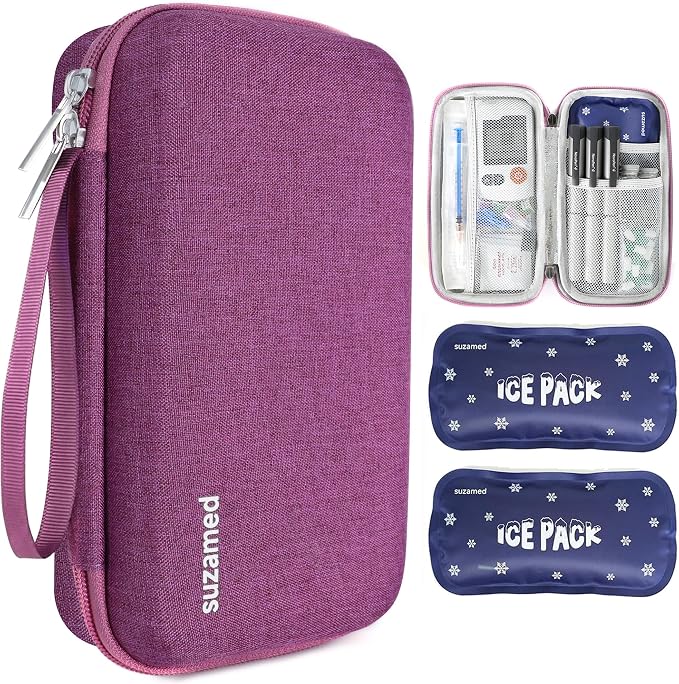 suzamed Insulin Cooler Travel Case,EVA Insulation Travel Medicine Kit with 2 Ice Packs for Diabetes Care,Insulin Pen and Other Diabetic Supplies (Burgundy)