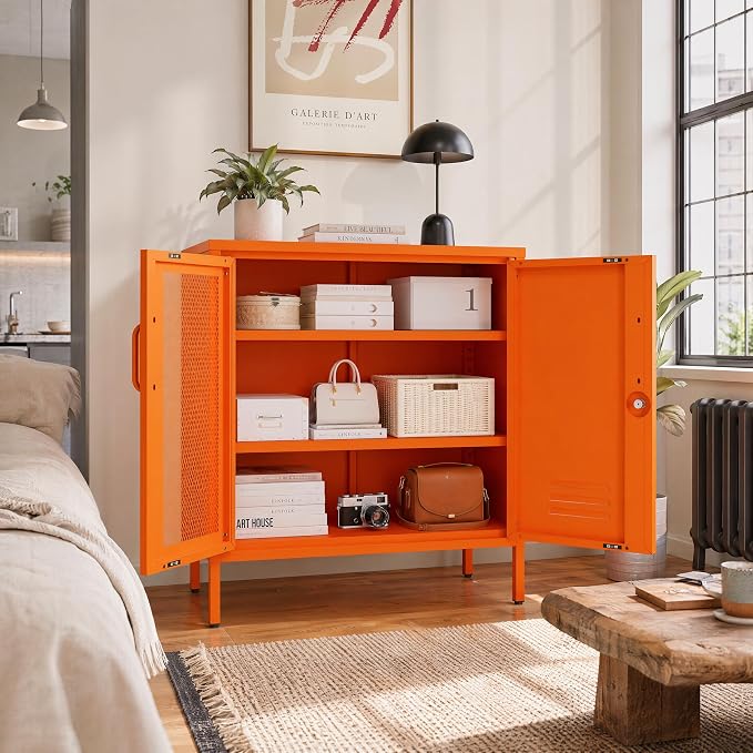 Lockable Metal Storage Cabinet Locker, Multifunctional Versatile Storage Lockers with Adjustable Shelves and Mesh Door, Durable Metal Sideboard Furniture for Restaurant Home Office Orange