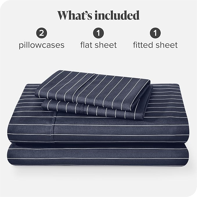 Bare Home Queen Sheet Set - Luxury 1800 Ultra-Soft Microfiber Bed Sheets - Double Brushed - Deep Pockets - Easy Fit - 4 Piece Set - Bed Sheets (Queen, Pinstripe - Midnight/White)