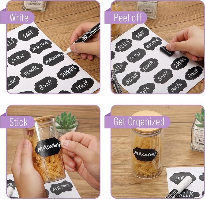 Mr. Pen- Chalkboard Labels, 150 pcs, Assorted Shapes | Waterproof Reusable Blackboard Stickers with 1 Erasable Liquid Chalk Marker for Mason Jars