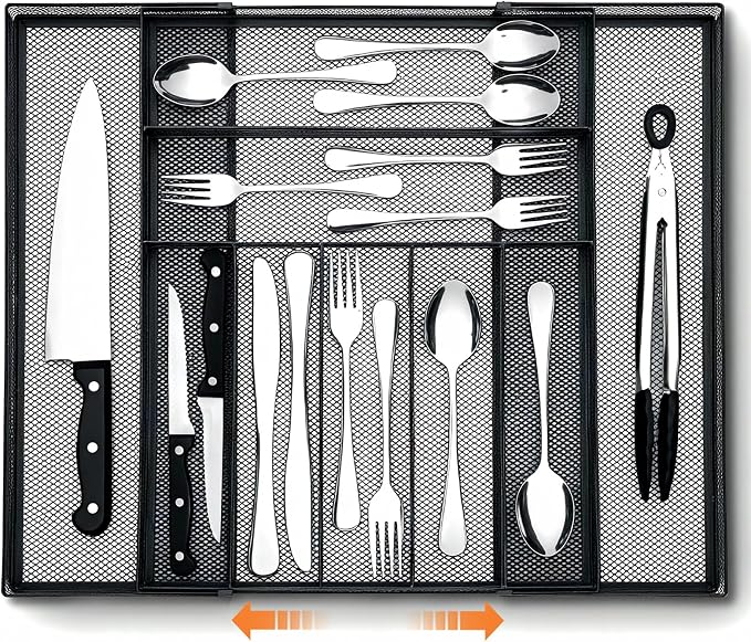 1 Pcs Utensil Drawer Silverware Organizer, Metal Mesh Expandable 13" ~24" Kitchen Drawer Organizer, 7-9 Slots Cutlery Tray Dividers for Kitchen Flatware Christmas Housewarming Gift (Black)