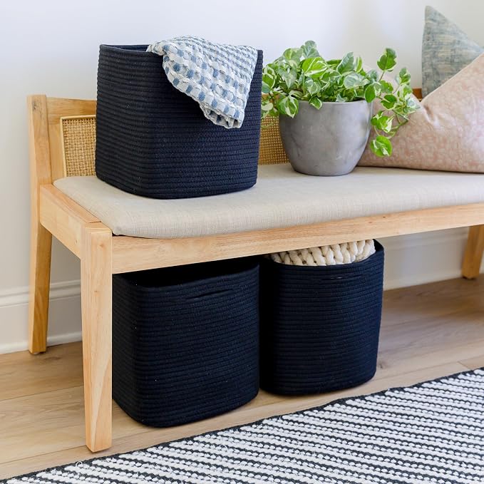 NaturalCozy Storage Cubes 11 Inch Cotton Rope Woven Baskets for Organizing, 3-Pack | Cube Storage Bin | Square Storage Baskets for Shelves Organizer, Classroom, Kids Toy Bins, Closet, Baby Nursery