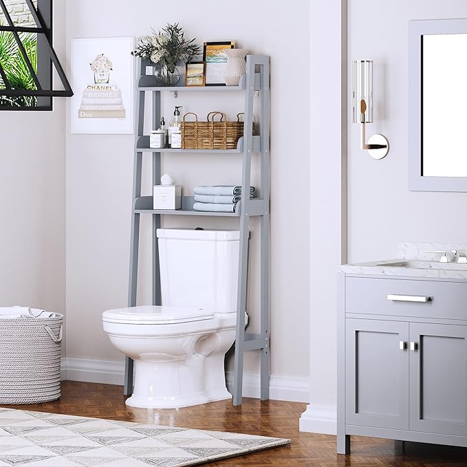 UTEX Over The Toilet Storage Shelf, 3-Tier Bathroom Shelf Rack, Gray | Space-Saving Bathroom Organizer with 3 Open Shelves for Towels & Toiletries, Adjustable Lower Crossbar, 33-Inch Clearance